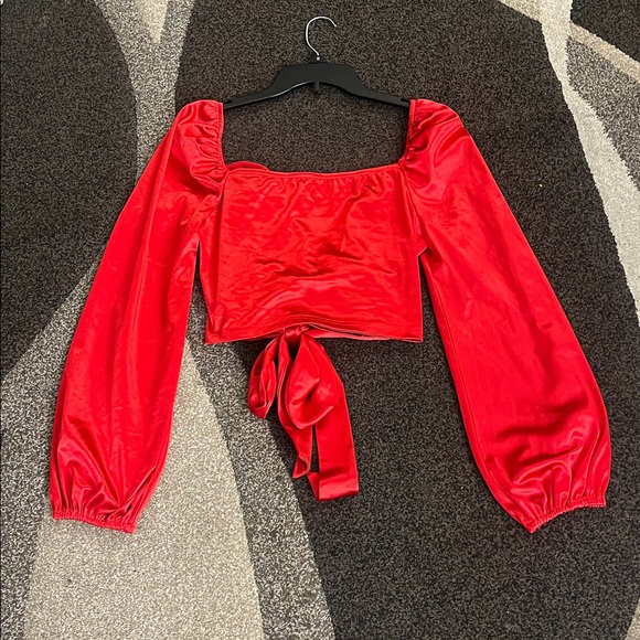 Red Satin Wrap Crop Top Puff Sleeve Tie Front - Size L - Picture 4 of 5